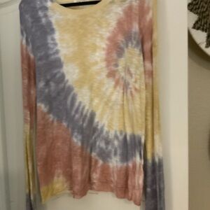 Mystree yellow, slate blue and mauve tie dye knit top